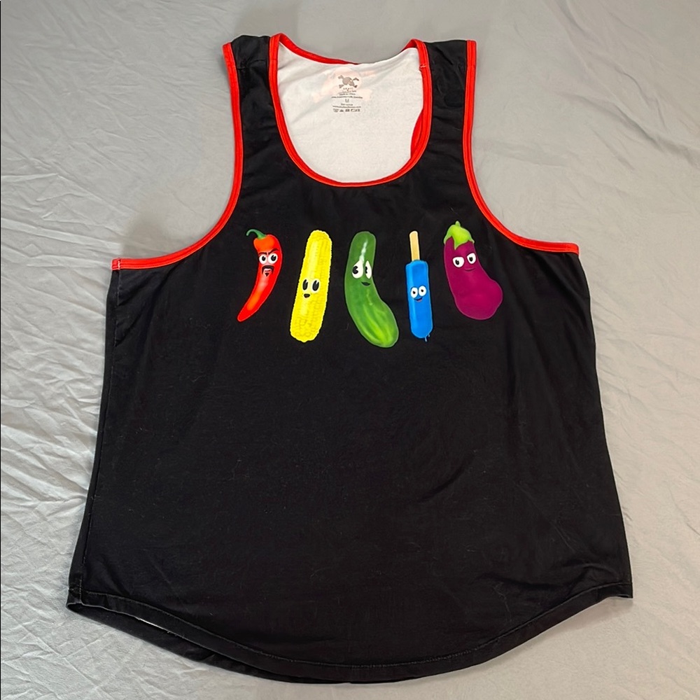 Skull & Bones Hot Topic Black Red Tank Top Colorful Veggie Print Mens Medium